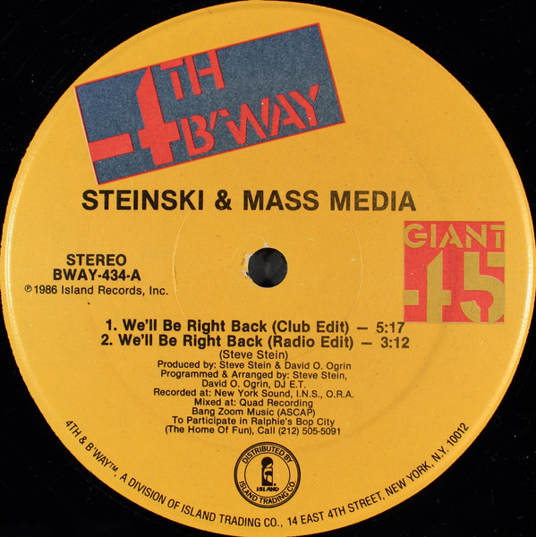 Steinski & Mass Medi - We'll Be Right Back - Used Vinyl Record 12" image 1
