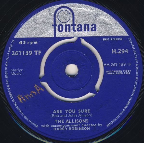 Allisons - Are You Sure - Used Vinyl Record 7" image 1