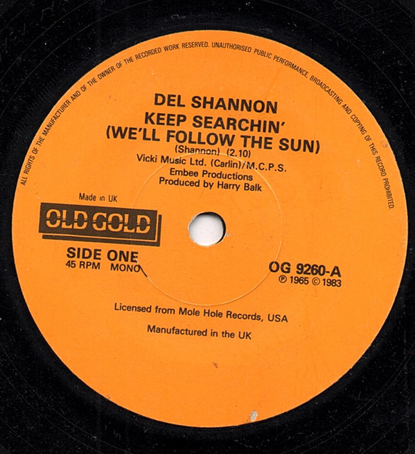 Del Shannon - Keep Searchin' (We'll Follow The Sun) - Used Vinyl Recor image 1