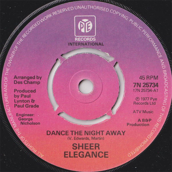 Sheer Elegance - Dance The Night Away - Used Vinyl Record 7" image 1