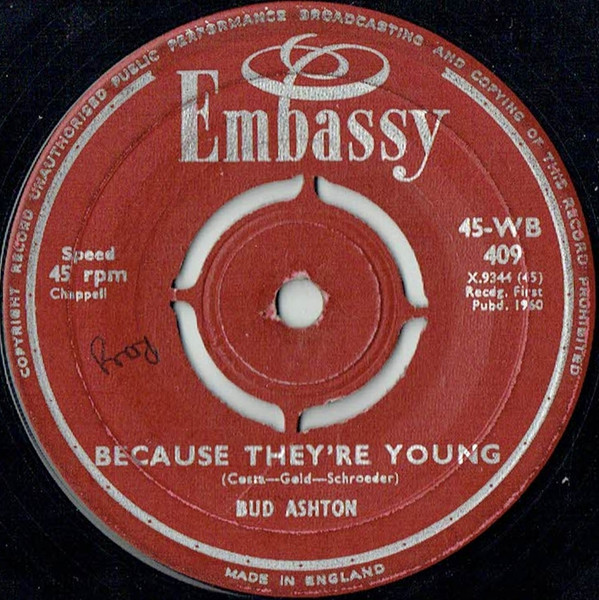 Bud Ashton - Because They're Young / Apache - Used Vinyl Record 7" image 1
