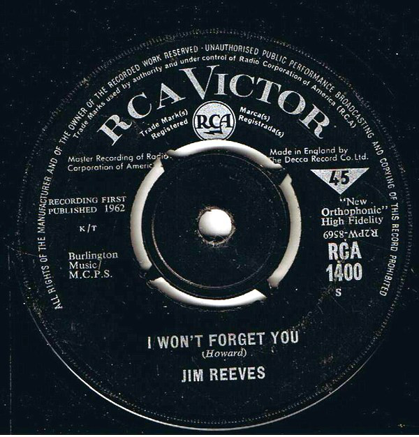 Jim Reeves - I Won't Forget You - Used Vinyl Record 7" image 1