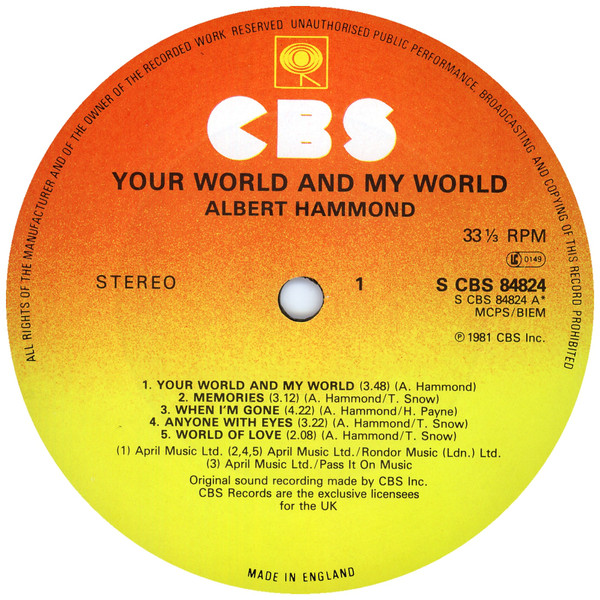 Albert Hammond - Your World And My World - Used Vinyl Record image 1