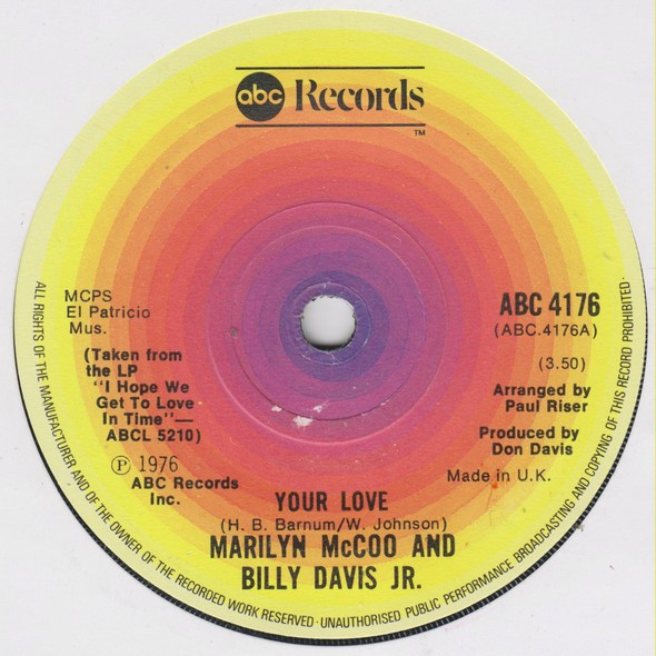 Marilyn McCoo & Bill - Your Love - Used Vinyl Record 7" image 1