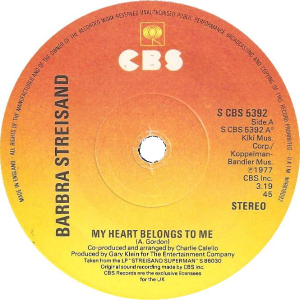 Barbra Streisand - My Heart Belongs To Me - Used Vinyl Record 7" image 1