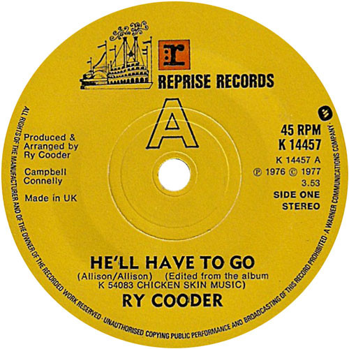Ry Cooder - He'll Have To Go - Used Vinyl Record 7" image 1