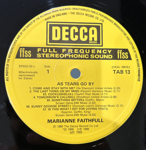 Marianne Faithfull - As Tears Go By - Used Vinyl Record image 1