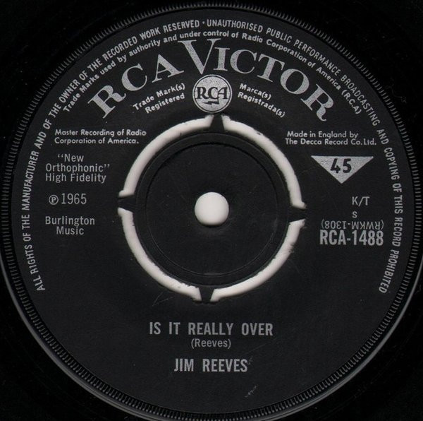 Jim Reeves - Is It Really Over - Used Vinyl Record 7" image 1