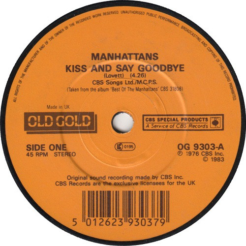 Manhattans - Kiss And Say Goodbye - Used Vinyl Record 7" image 1