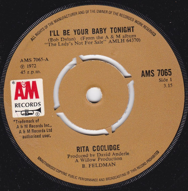 Rita Coolidge - I'll Be Your Baby Tonight - Used Vinyl Record 7" image 1