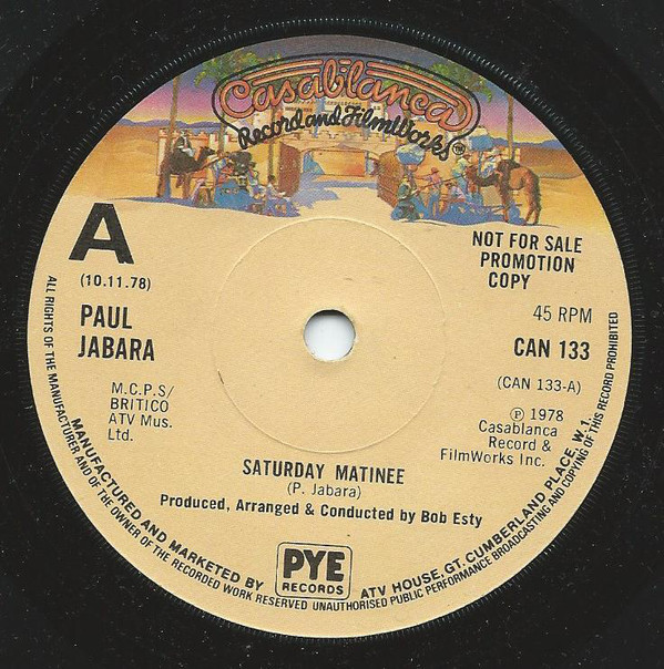 Paul Jabara - Saturday Matinee - Used Vinyl Record 7" image 1