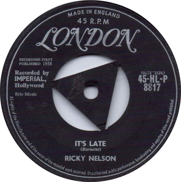 Ricky Nelson - It's Late - Used Vinyl Record 7" image 1